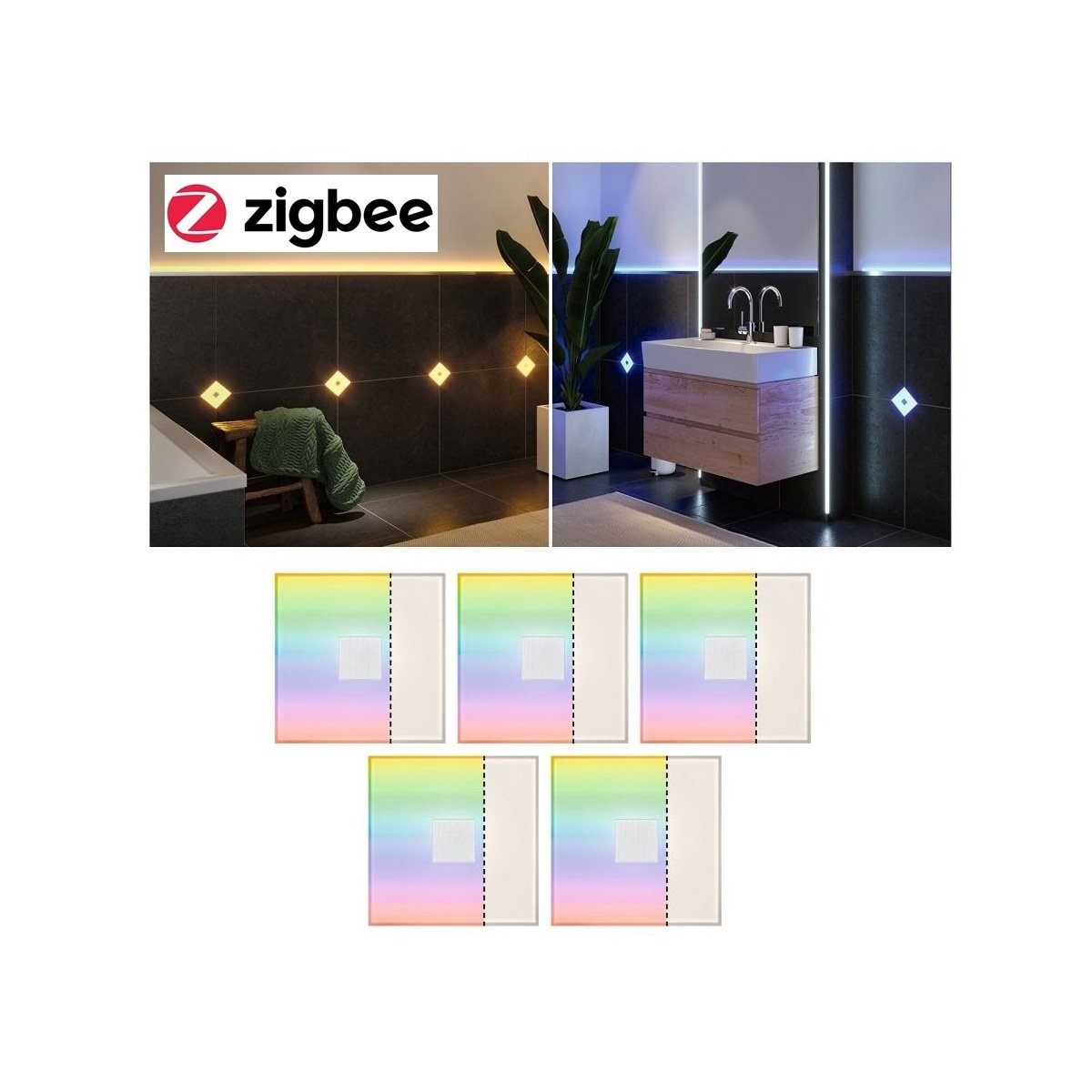 Paulmann 78413 LumiTiles LED Fliesen Square 5er-Basisset 100x10mm Zigbee RGBW IP44 Weiß