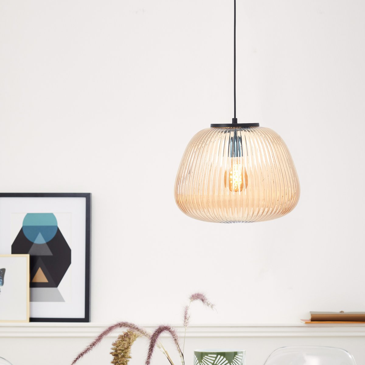 Brilliant Leuchten 80108-86 Pendelleuchte Kaizen 35cm amber-bernstein schwarz
