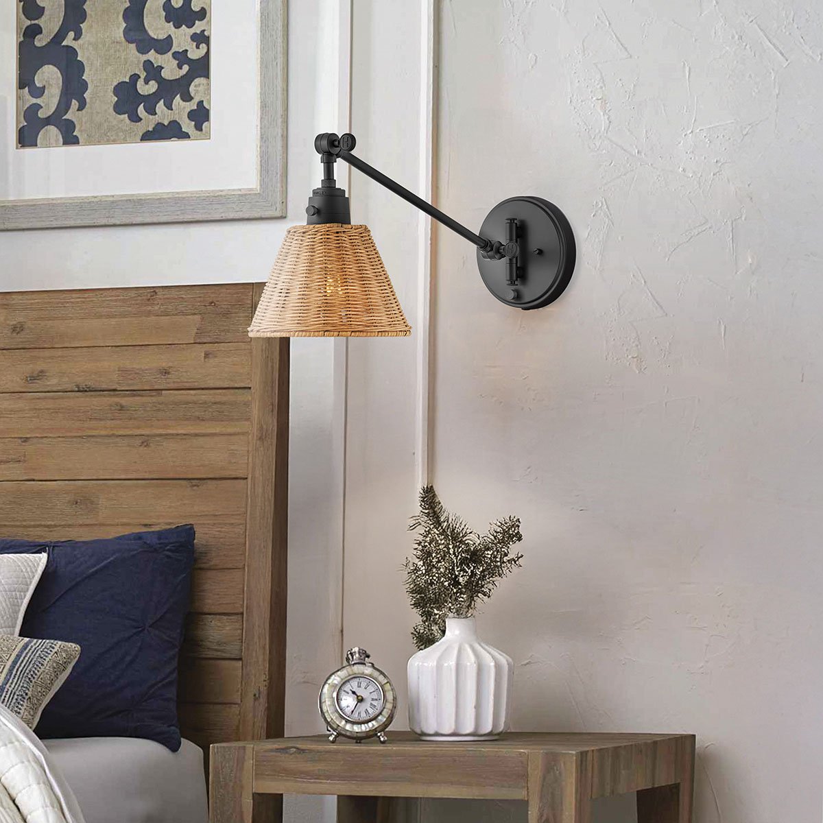 Elstead Lighting Arti 1 Wandleuchte Schwarz Rattanschirm natur