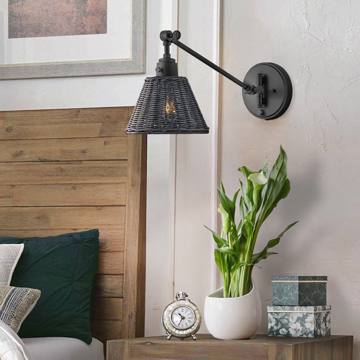 Elstead Lighting Arti 1 Wandleuchte Schwarz Rattanschirm schwarz