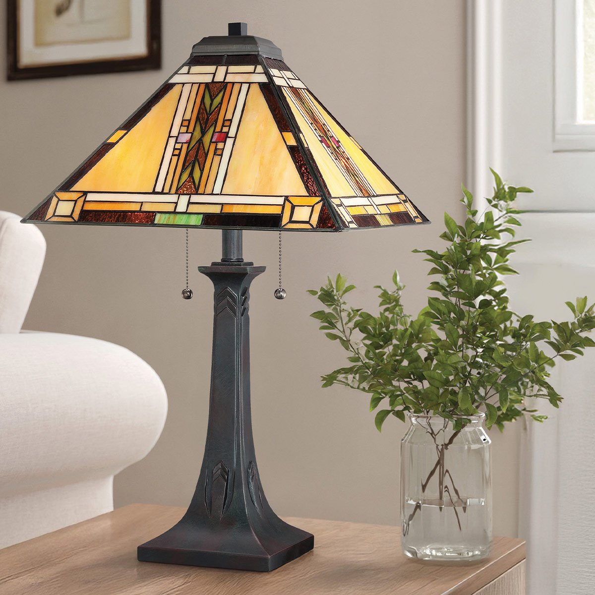 Elstead Lighting Navajo Tischleuchte 2 flammig im Tiffany-Stil Bronze mit Kunstglasschirm E27