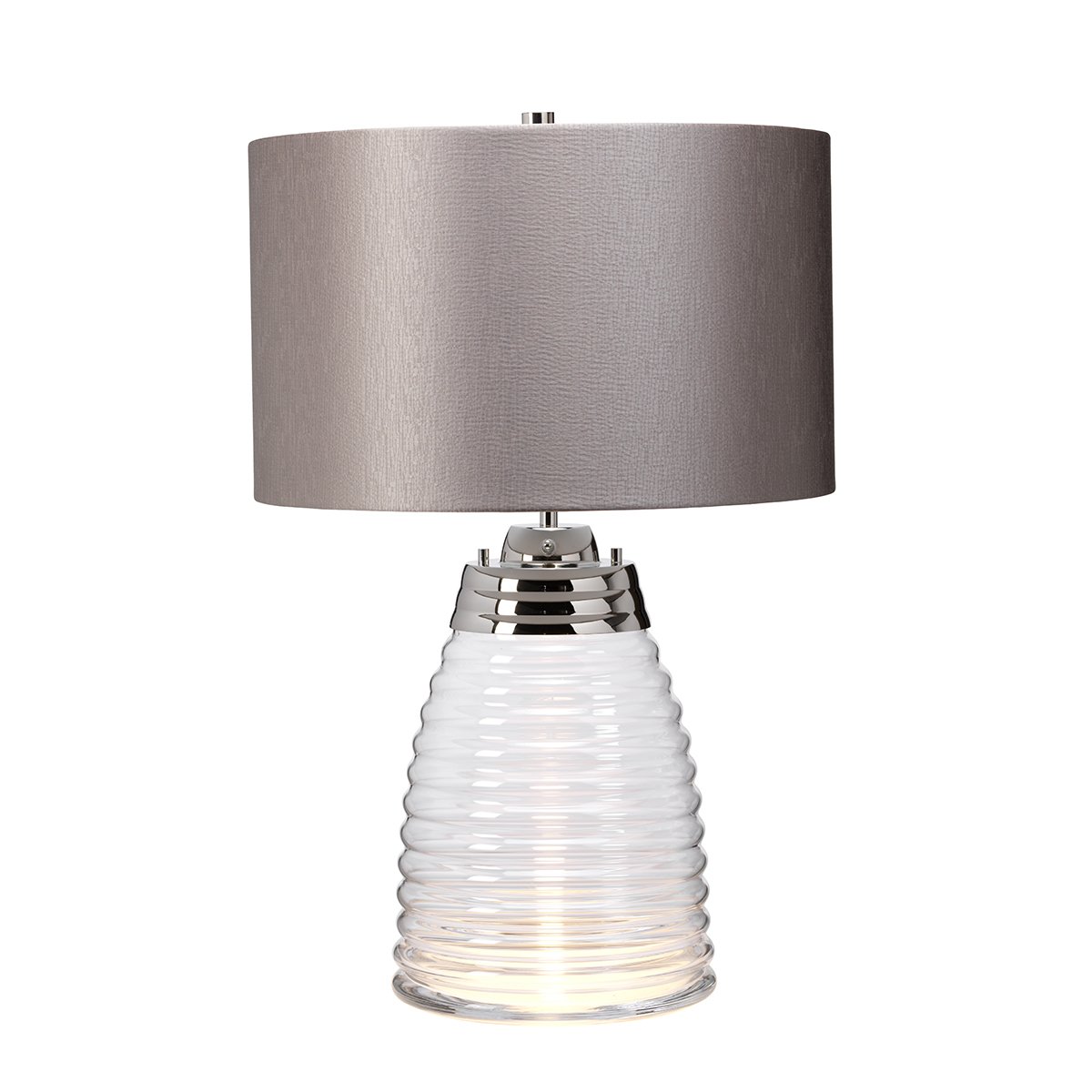 Elstead Milne Tischlampe Glas klar Satinschirm Grau
