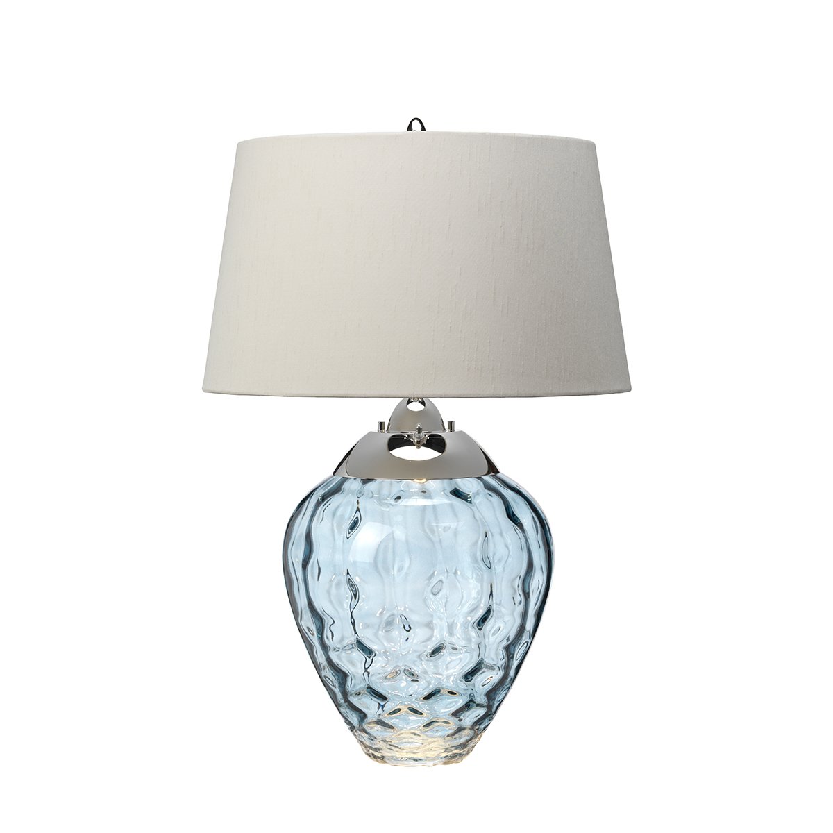 Elstead Samara Tischlampe klein hellblau Stoffschirm taupe 72cm