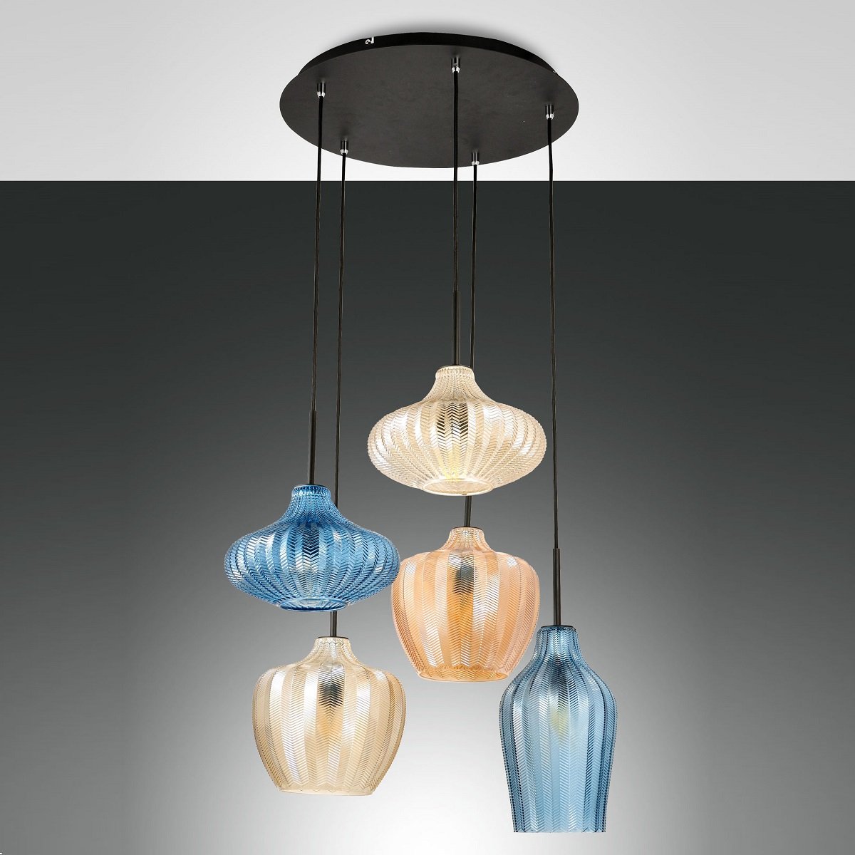 Fabas Luce 3725-49-363 Pendelleuchte Olbia 5-flammig amber azurblau champagner