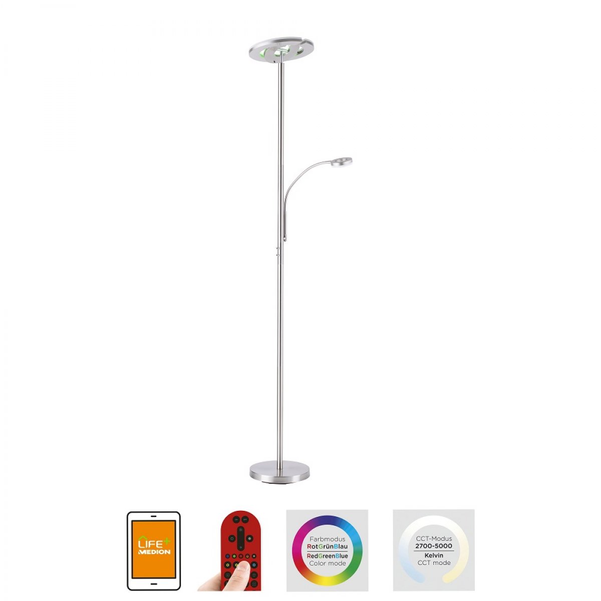 JUST LIGHT 11858-55 LOLAsmart-Rocco LED Stehleuchte mit Lesearm RGBW stahlfarben