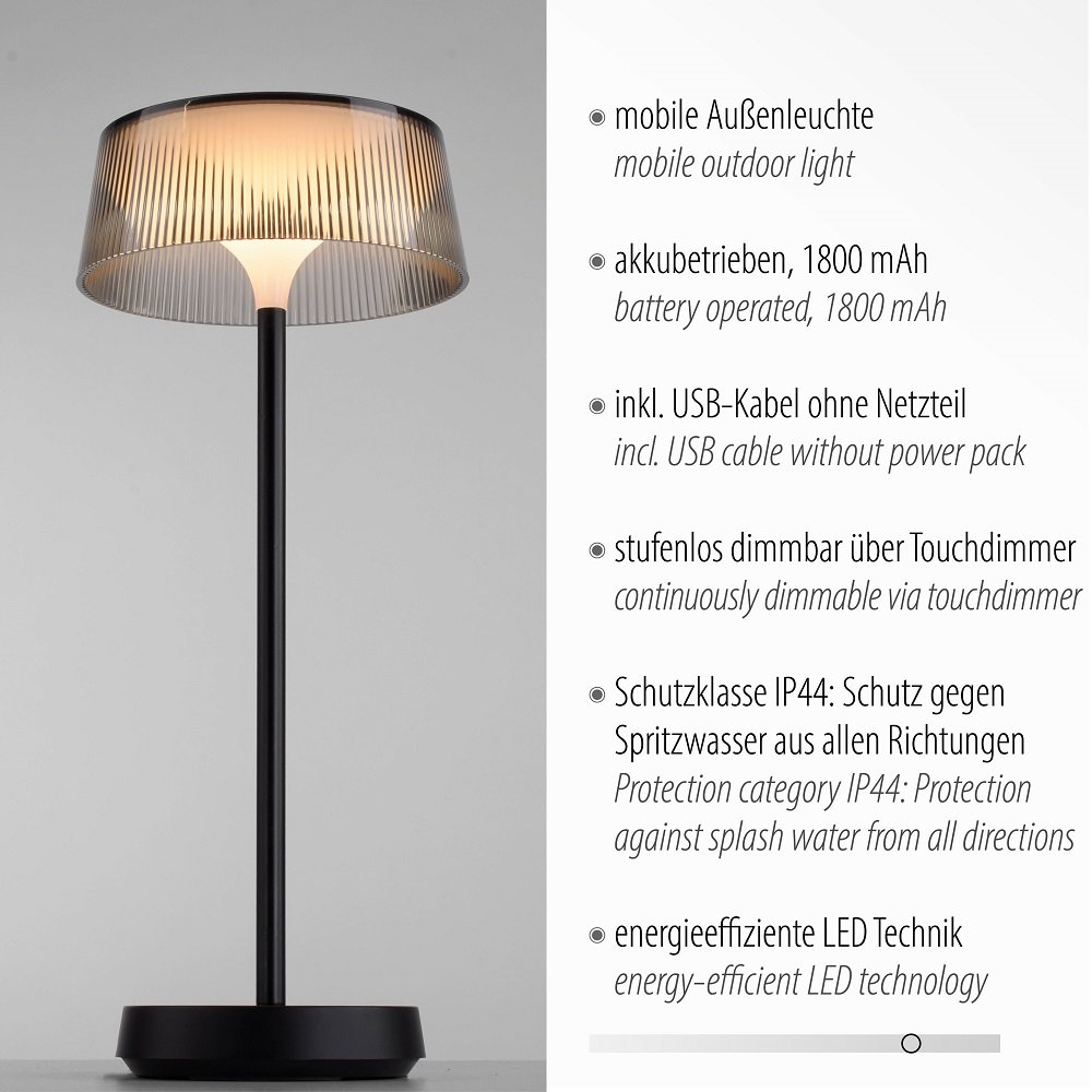 DORA LED Shop Schwarz Lampen dimmbar IP44 Leuchten online 19711-18 --> kaufen & im Tischleuchte USB Direkt Leuchten