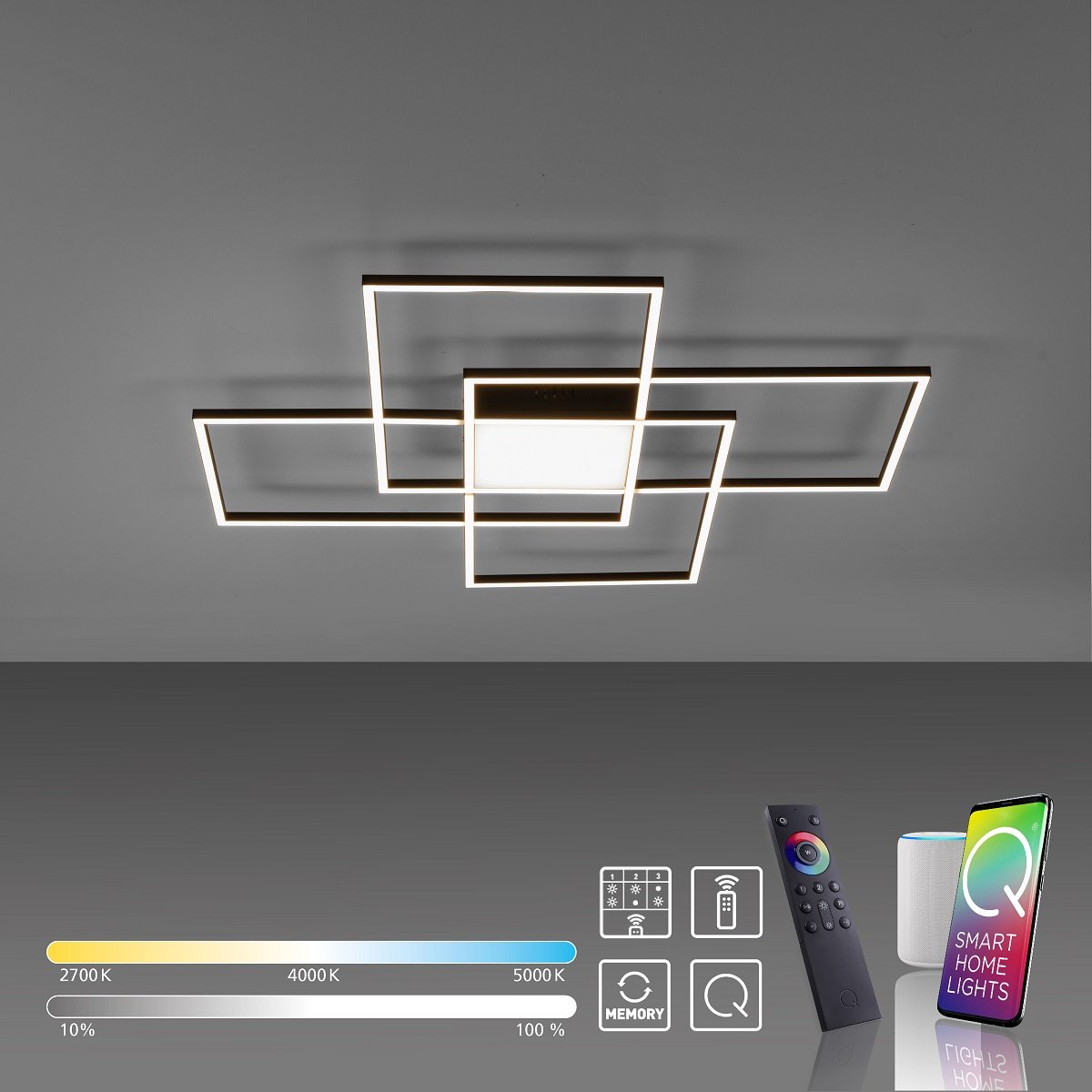 Deckenleuchte kaufen 80x80cm Lampen Shop Home im Q-ASMIN Leuchten LED Paul Smart & --> 6073-18 schwarz online Neuhaus