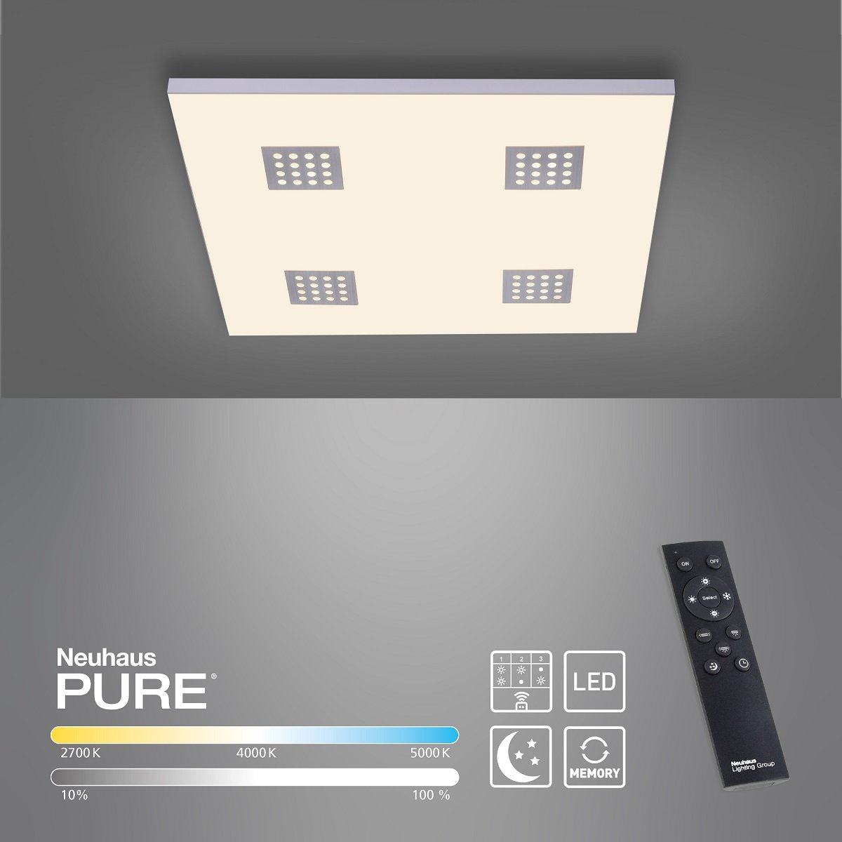 Paul Neuhaus 6434-95 PURE-NEO LED Deckenleuchte aluminium CCT 62x62cm