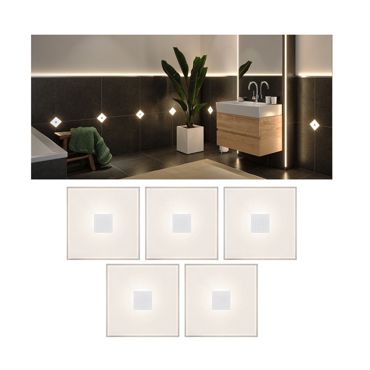 Paulmann 78402 LumiTiles LED Fliesen Square 5er-Basisset 100x10mm IP44 2700K Wei�