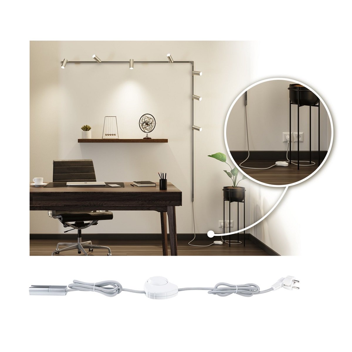 Paulmann 95658 URail Schienensystem Einspeisung Kabel mit Schalter 2m Chrom matt