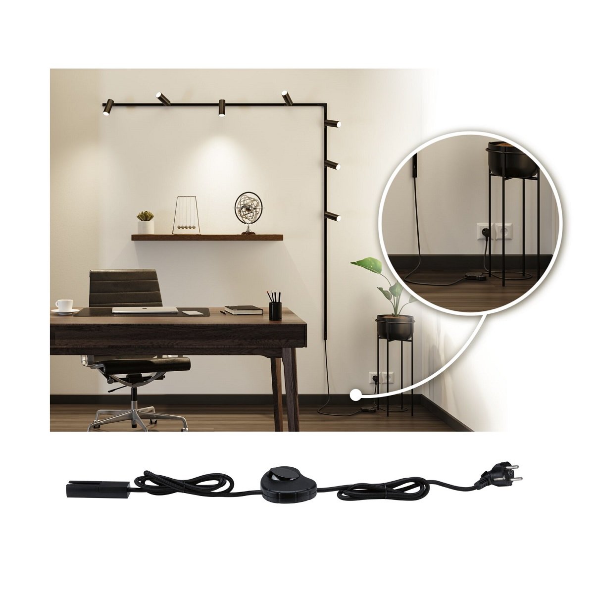 Paulmann 95660 URail Schienensystem Einspeisung Kabel mit Schalter 2m Schwarz matt