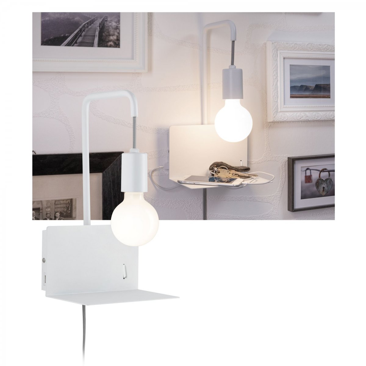 Paulmann No. 79812 Wandleuchte mit Ablage Calvani E27 max.40W Weiß Metall  USB Port --> Leuchten & Lampen online kaufen