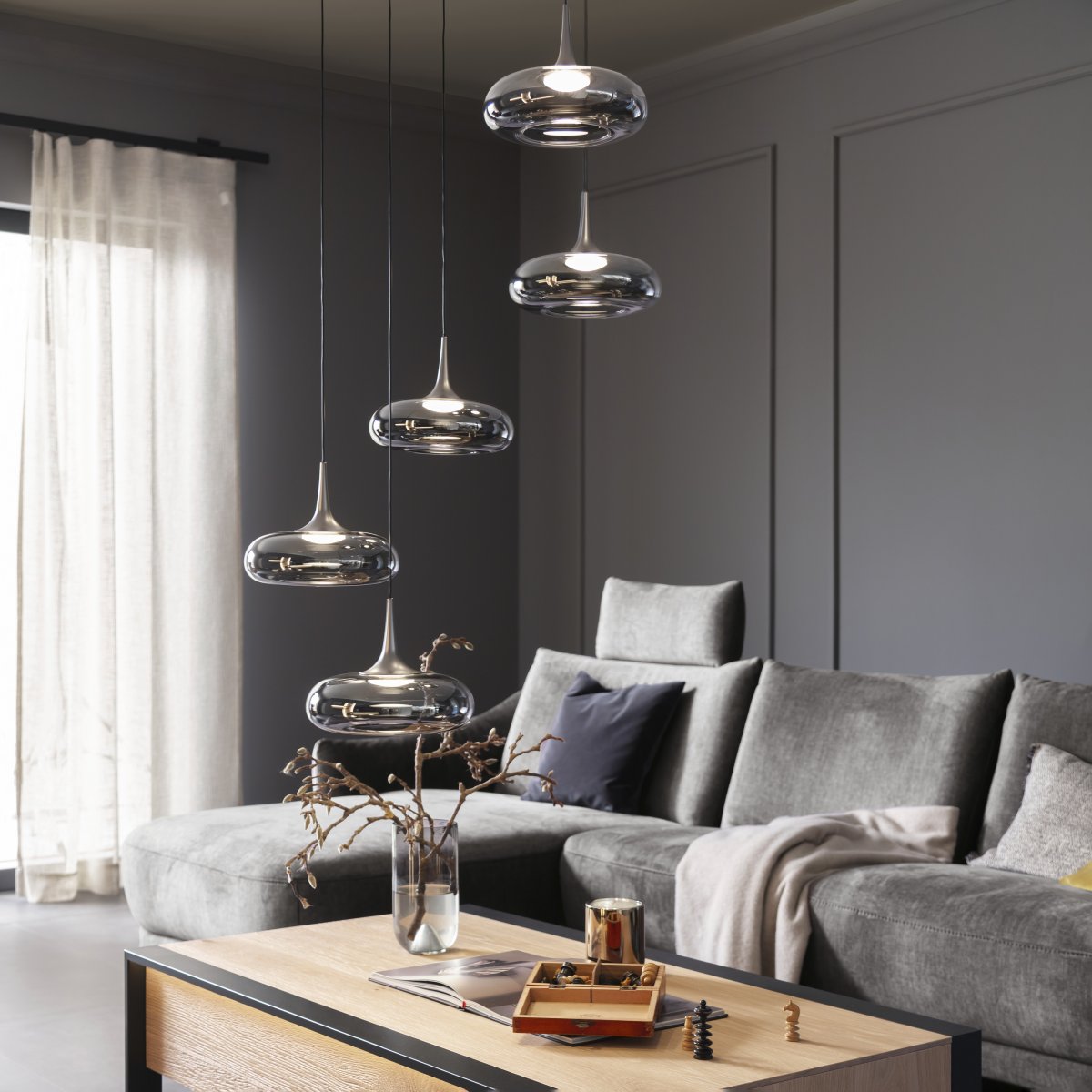 SCH�NER WOHNEN-Kollektion LED Pendelleuchte POSH, grau, 5-flammig, dimmbar